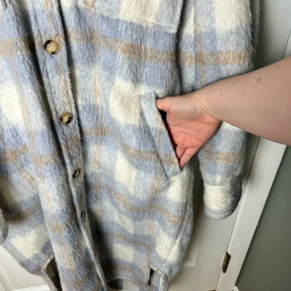 Reformation Ainslie Button Up Flannel Oversized Jacket Light Blue White Plaid L - Picture 6 of 12